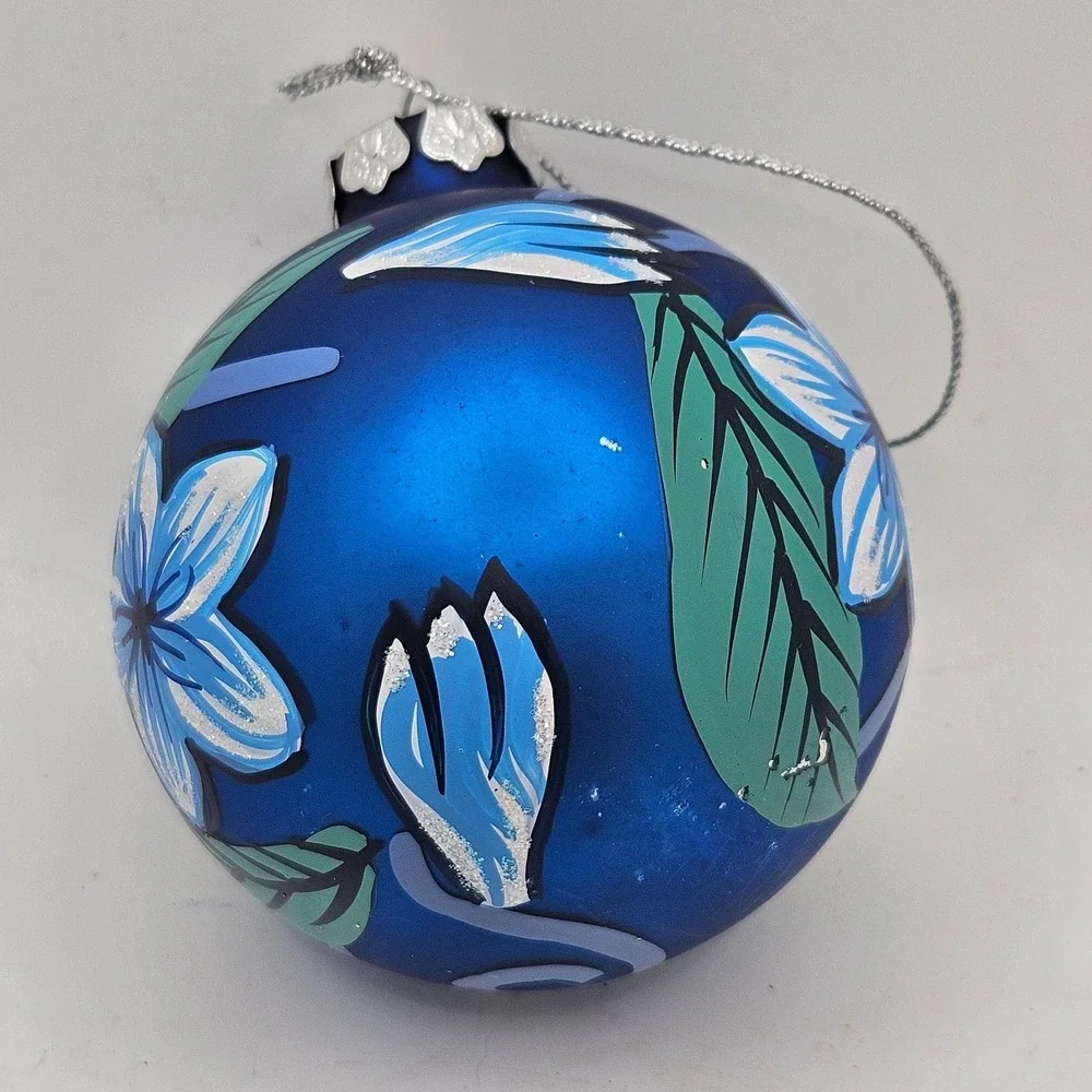 Vintage Blue Hand Painted Glass Christmas Ball Ornament Floral Glitter